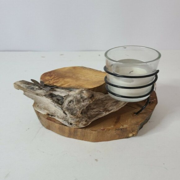 Hand Made Wood Slice Metal and Stone Candle Holder - Picture 1 of 11